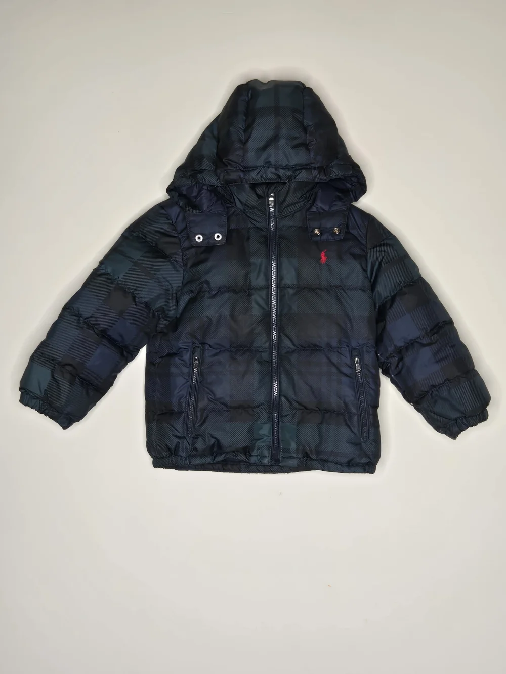 Polo Ralph Lauren Toddler Down Puffer Jacket Hooded Plaid Navy Green 4T